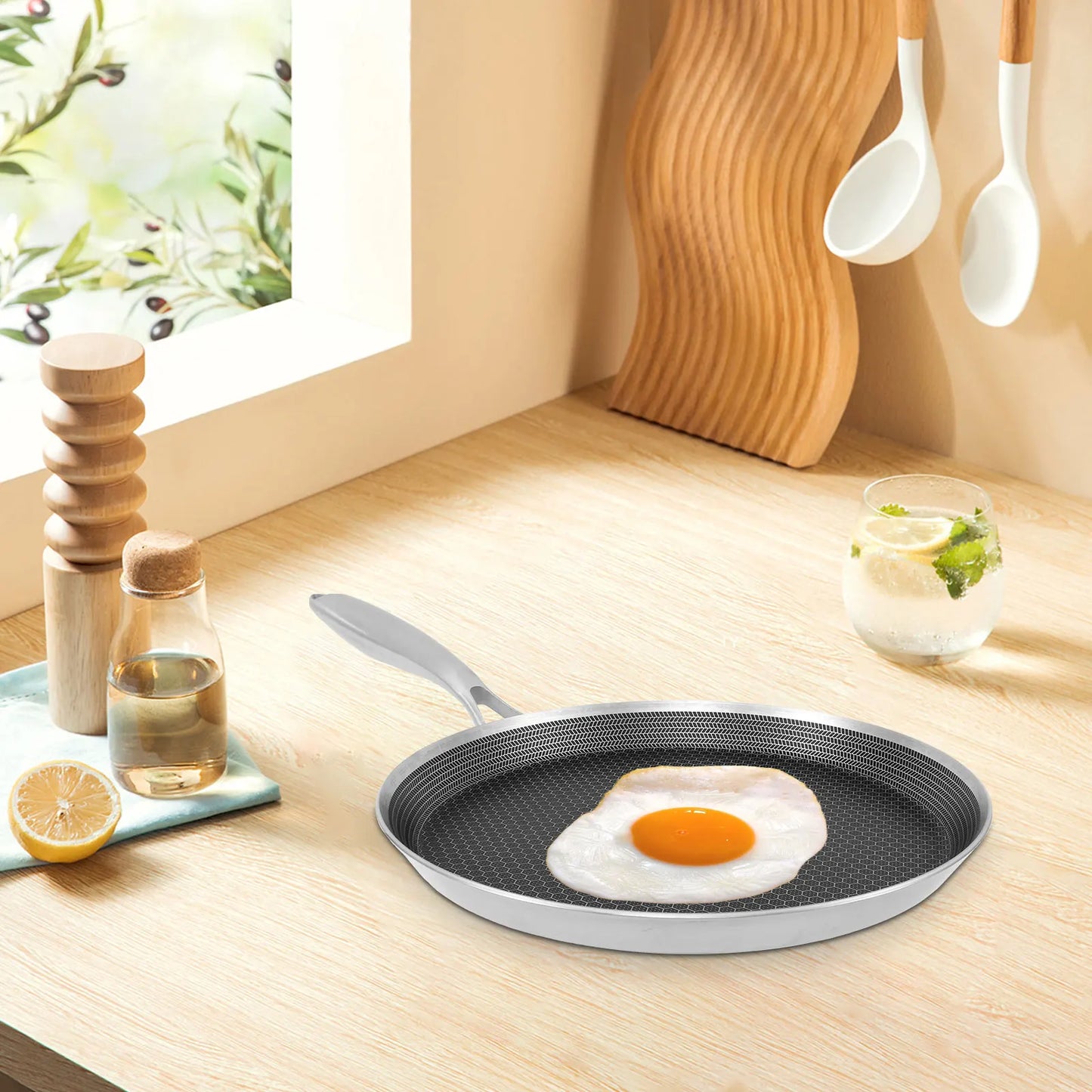 Poêle à Crêpes Antiadhésive en Inox - 26cm Compatible Induction