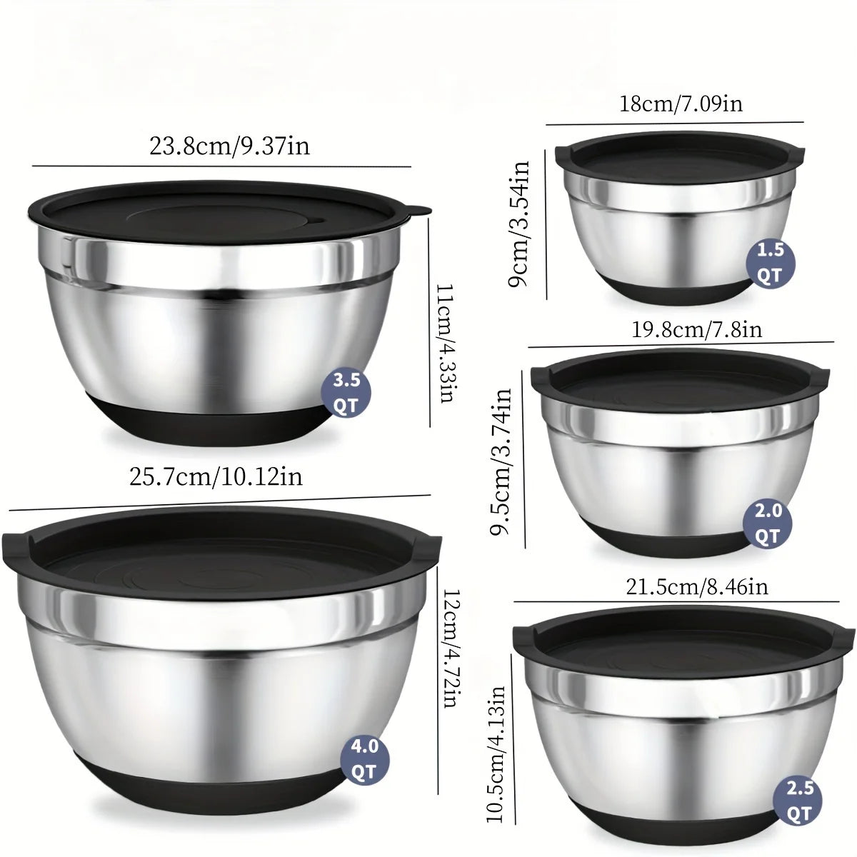 Ensemble de 8 Bols Mélangeurs en Acier Inoxydable - Couvercles Hermétiques Noir