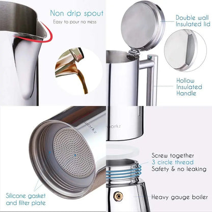 Cafetière Moka Italienne en Inox - Compatible Induction 200ml à 500ml