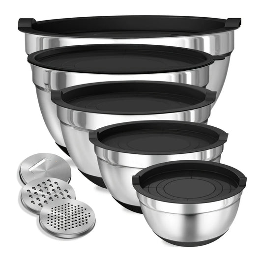 8pcs Mixing Bowls with Airtight Lids, Stainless Steel Mixing Bowl Set, Non-Slip Bottoms, Black Kitchen Bowls, Baking & Serving