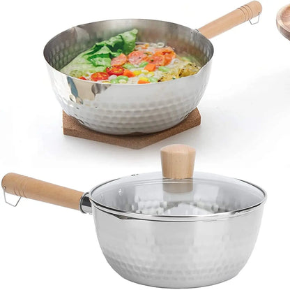 Casserole en Acier Inoxydable avec Couvercle - Manche en Bois et Bec Verseur