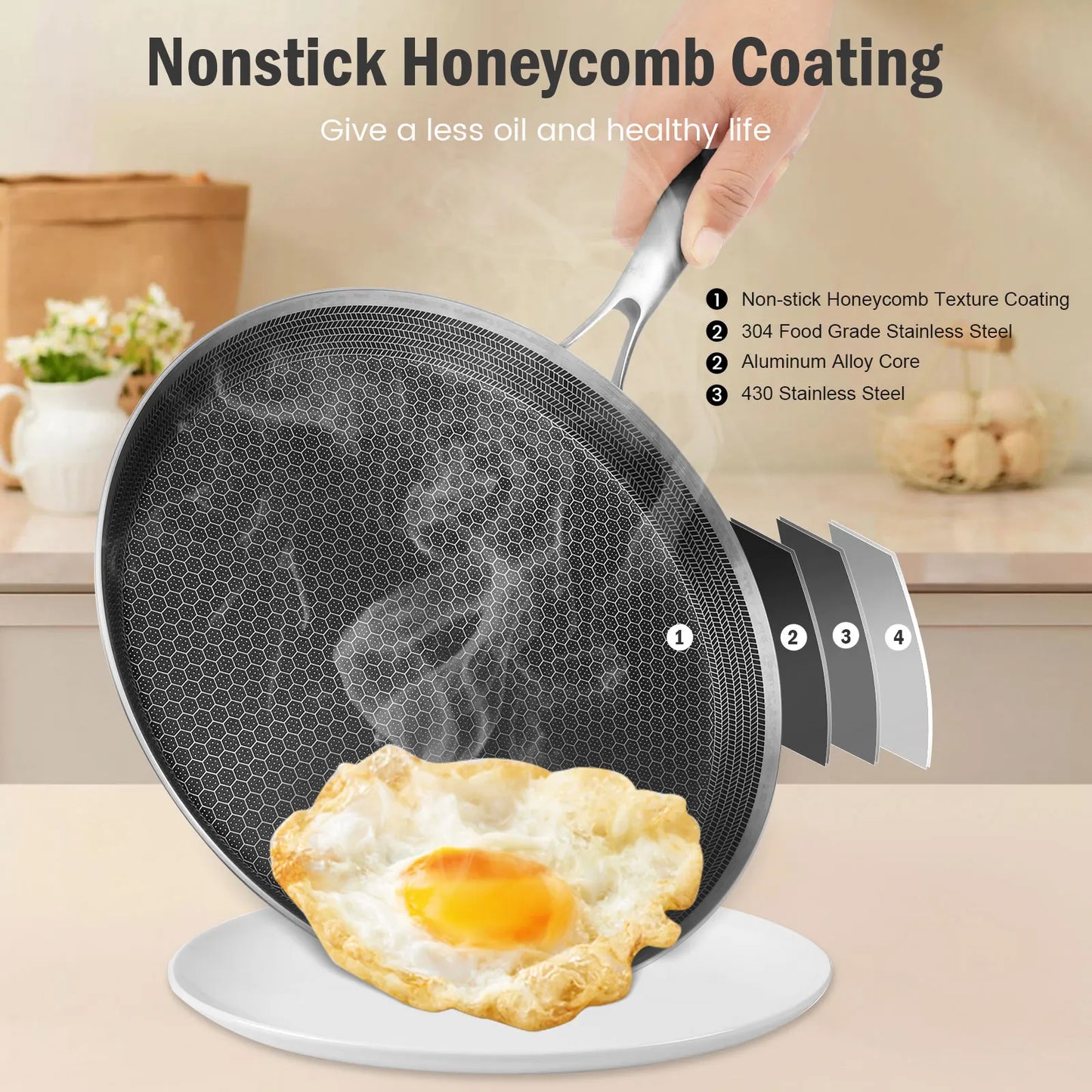 Poêle à Crêpes Antiadhésive en Inox - 26cm Compatible Induction