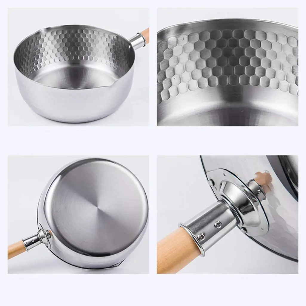 Casserole en Acier Inoxydable avec Couvercle - Manche en Bois et Bec Verseur