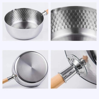 Casserole en Acier Inoxydable avec Couvercle - Manche en Bois et Bec Verseur
