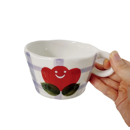 Tasse en Céramique Artisanale Peinte à la Main - Motifs Fraise et Fleurs 300ml