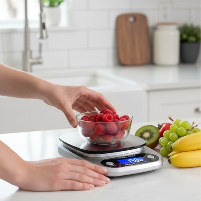 Pesée précise ingrédients avec balance digitale cuisine précision 0.1g