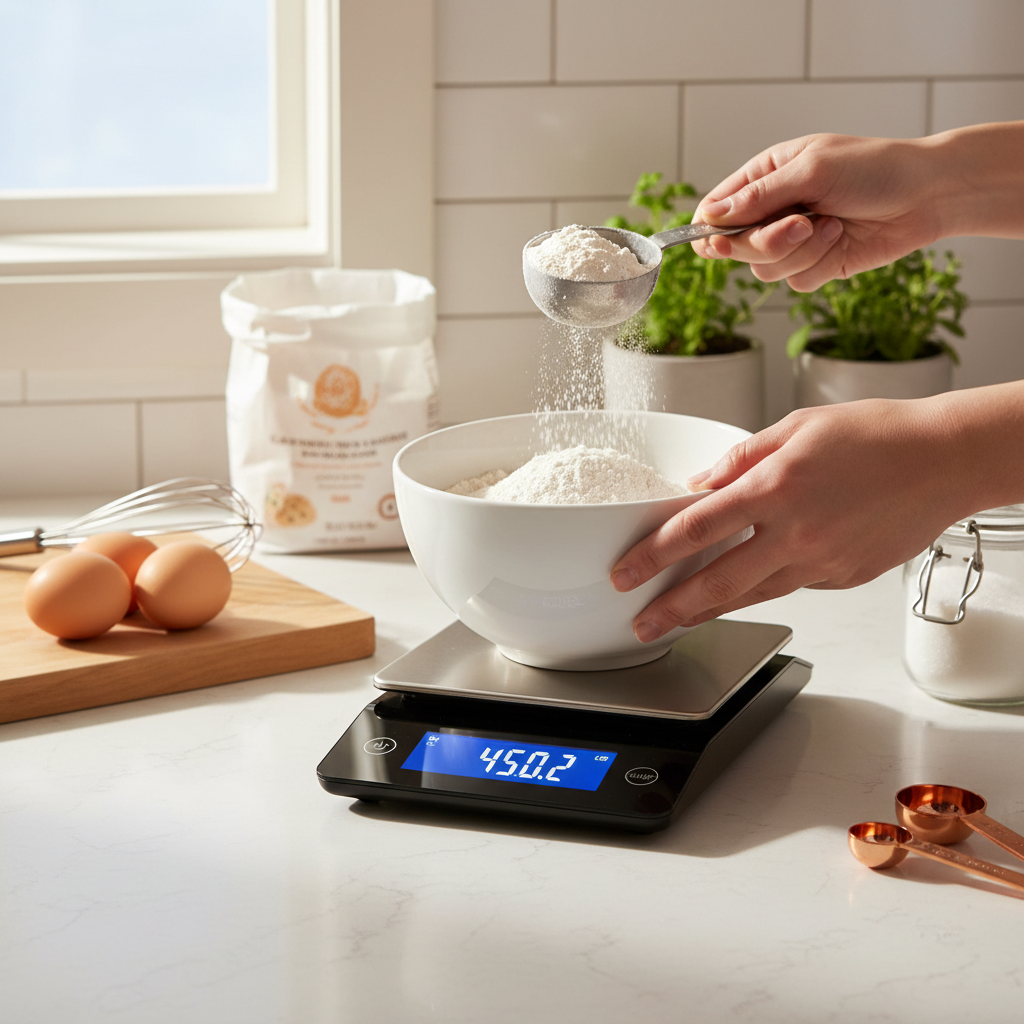 Balance cuisine numérique compacte pour pesée précise ingrédients pâtisserie.